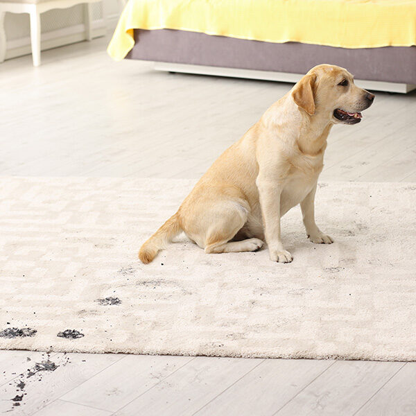 Dog sitting on carpet flooring